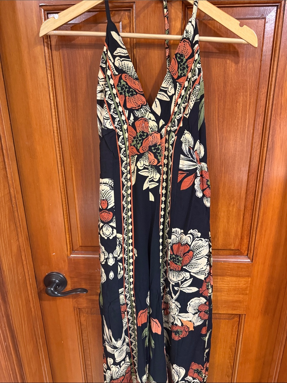 Floral V-Neck Halter Maxi jumpsuit  in Black and Rust - Picture 2 of 10
